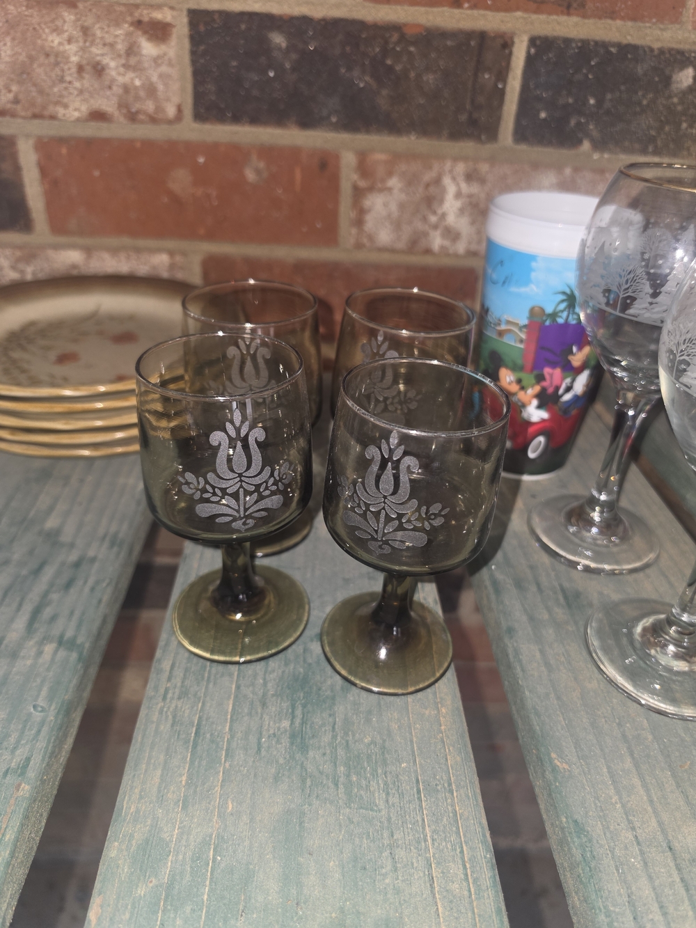 Set of 4 Smoke Glass Etched Cordial Glasses